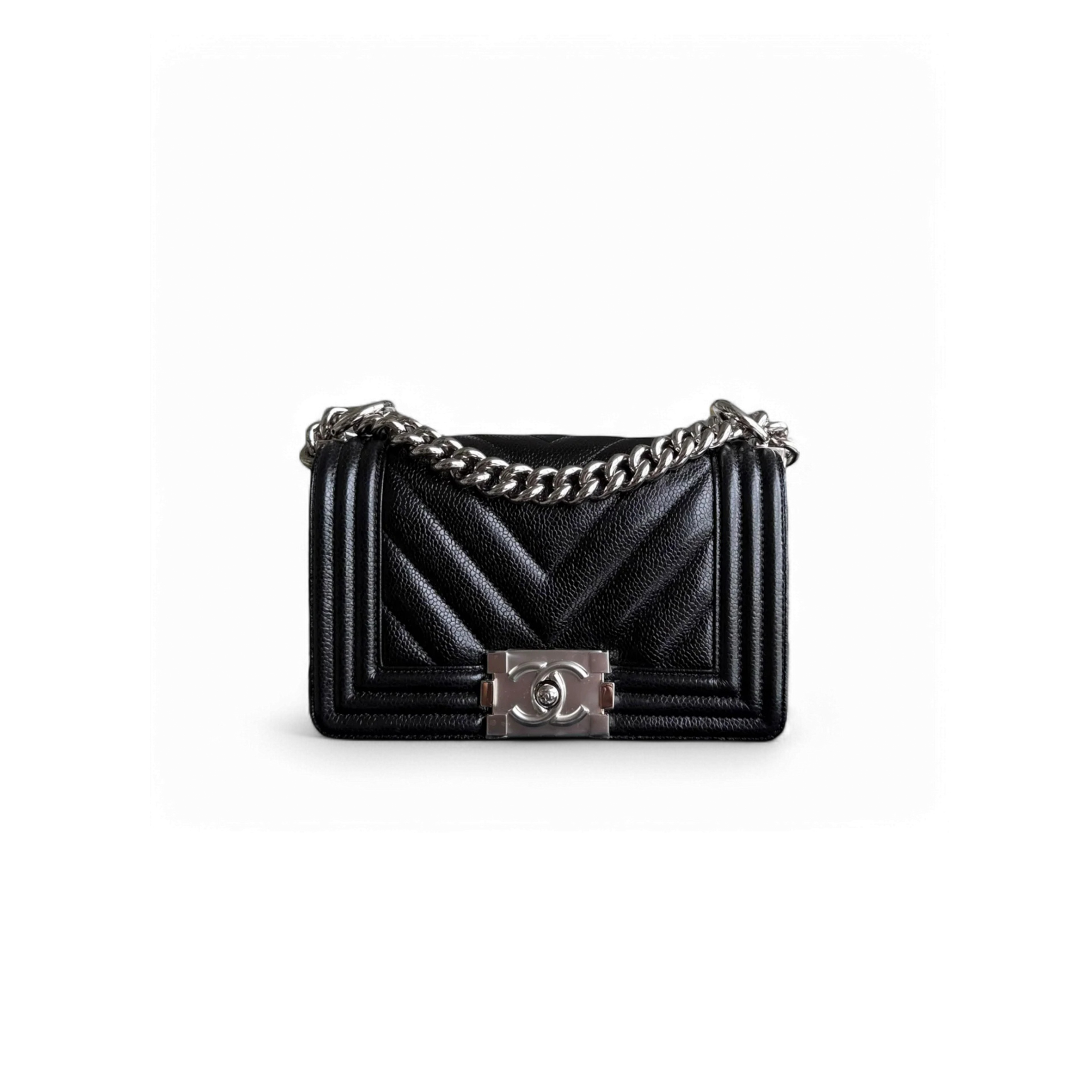 Ch*el boy small caviar chevron black silver hardware (20*12*6cm)